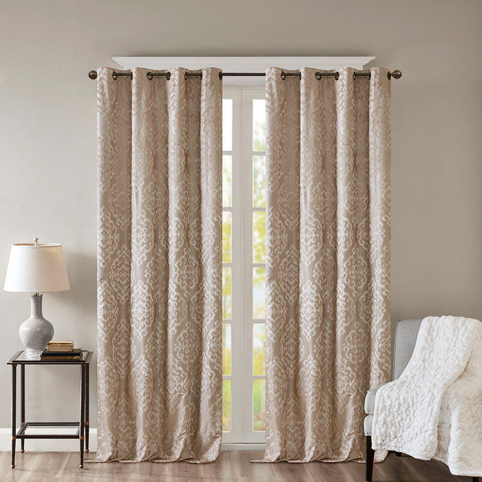 Mirage - Knitted Jacquard Damask Total Blackout Grommet Top Curtain Panel Pair - Champagne - Simple Home Plus