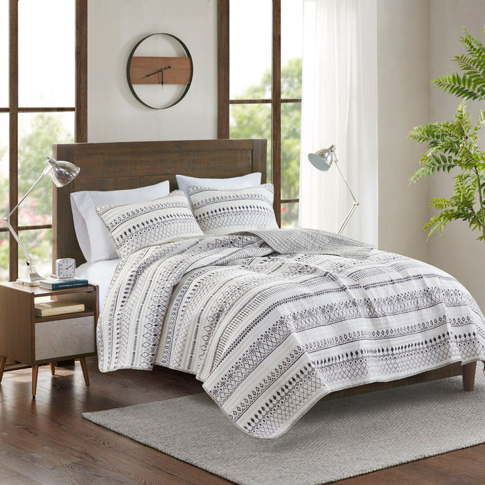Fraser - 3 Piece Full/Queen Printed Quilt Set - Ivory/Black - Simple Home Plus