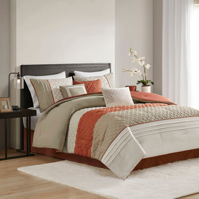 Jenson - 7 Piece Color Block Stripe Comforter Set With Throw Pillows - Spice - Simple Home Plus