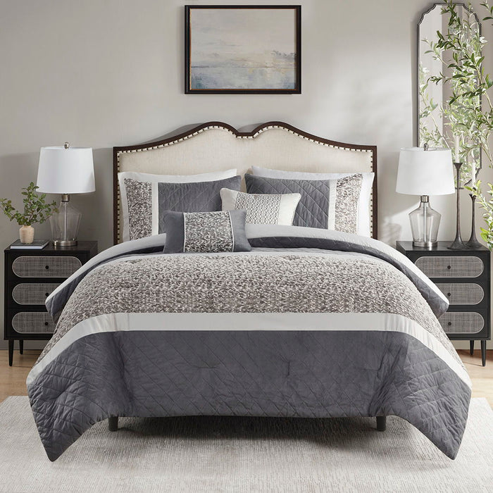 Amelia - 5 Piece Textured Jacquard Stripe Comforter Set With Throw Pillows - Gray - Simple Home Plus