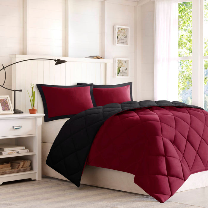 Larkspur - Full/Queen 3M Scotchgard Diamond Quilting Reversible Down Alternative Comforter Set - Red/Black - Simple Home Plus
