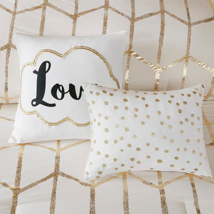 Raina - Metallic Printed Comforter Set - Ivory / Gold - Simple Home Plus