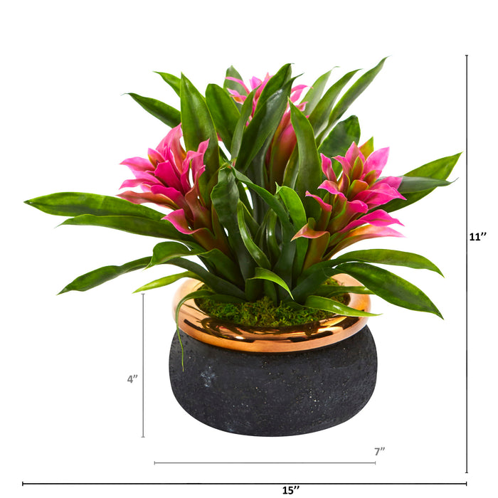 11" Bromeliad Artificial Plant in Stoneware Planter