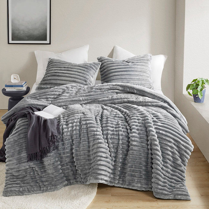 Avril - Full/Queen Fluffy Ribbed Plush Comforter Set - Gray - Simple Home Plus