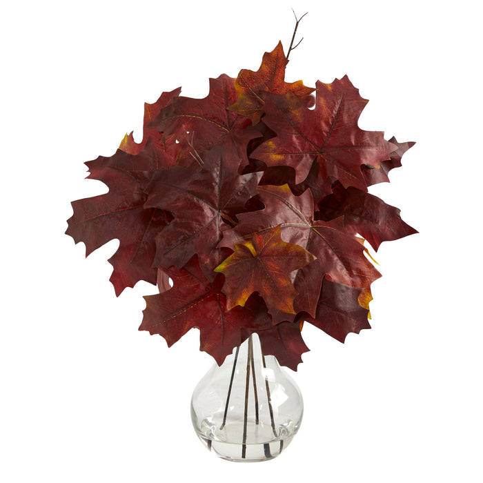 18" Autumn Maple Leaf Artificial Plant in Glass Planter
