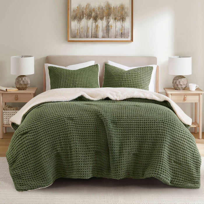 Riordan - King/California King Waffle Knit Comforter Set - Olive - Simple Home Plus
