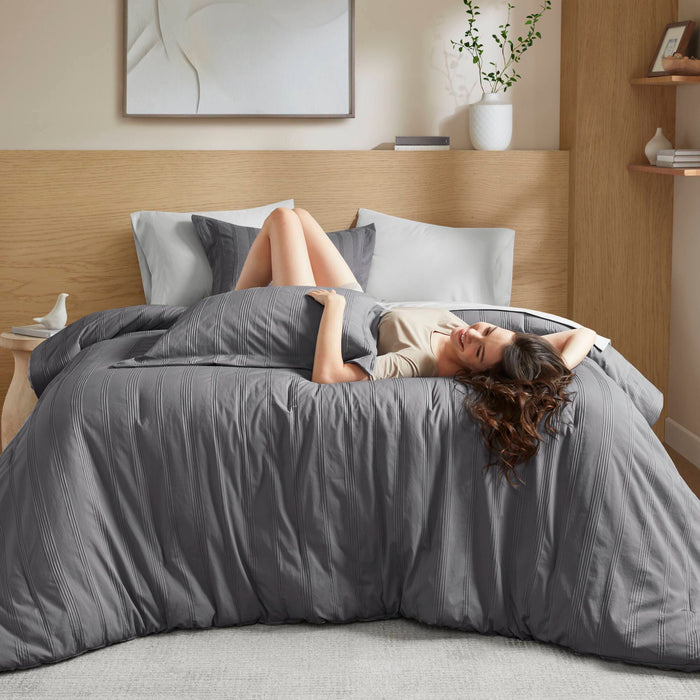 Logan - Queen Striped Comforter Set - Charcoal - Simple Home Plus