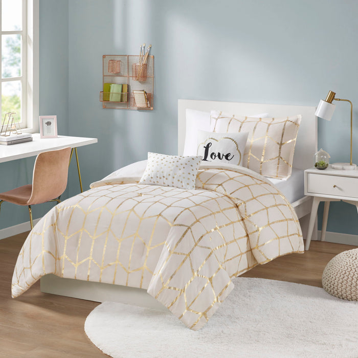 Raina - Brushed Microfiber Printed Comforter Set - Ivory / Gold - Simple Home Plus