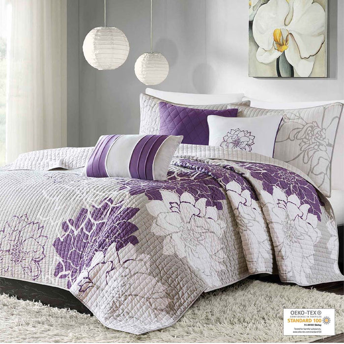 Lola - 6 Piece Reversible Printed Coverlet Set - Purple - Simple Home Plus
