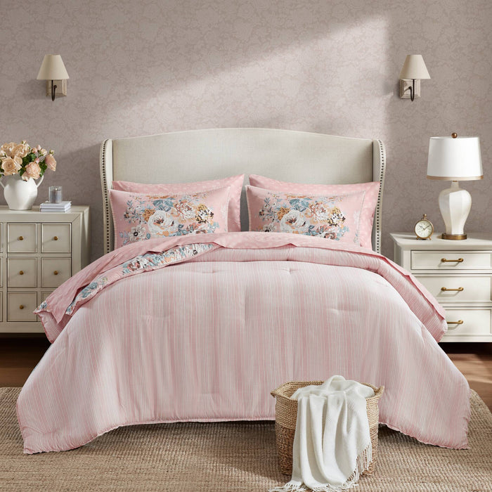 Heather - California King 7 Piece Vintage-Inspired Floral Print - Pink - Simple Home Plus