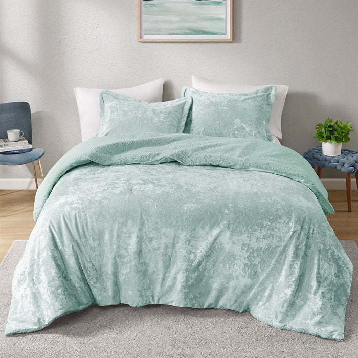Mira - 3 Piece Full/Queen Crushed Velvet Sherpa Reversible Comforter Set - Aqua - Simple Home Plus