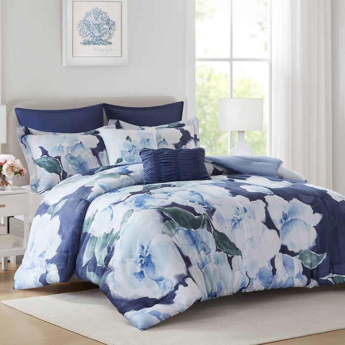 Shanti - 7 Piece California King Printed Comforter Set - Blue