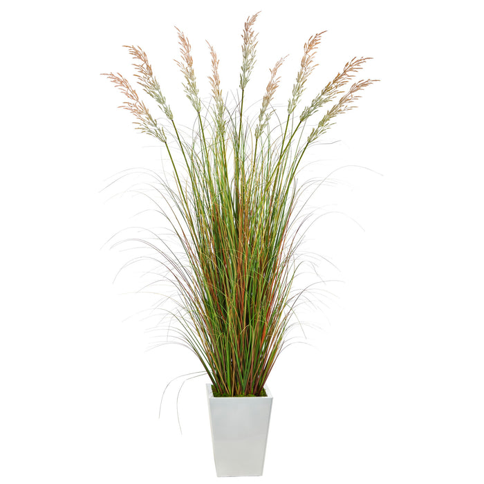 74" Grass Artificial Plant in White Metal Planter
