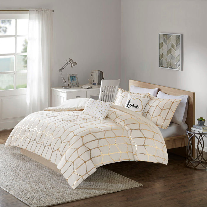 Raina - Metallic Printed Comforter Set - Ivory / Gold - Simple Home Plus