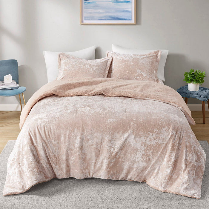 Mira - Crushed Velvet Sherpa Reversible Comforter Set - Blush - Simple Home Plus