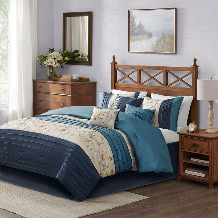 Serene - California King Embroidered Piece Comforter (Set of 7) - Navy - Simple Home Plus