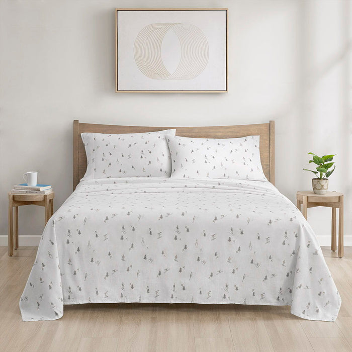 Cozy Cotton Flannel - Printed Twin Sheet Set - Gray Skiers