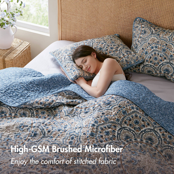 Valerie - Full/Queen Boho Floral Reversible Quilt - Blue - Simple Home Plus