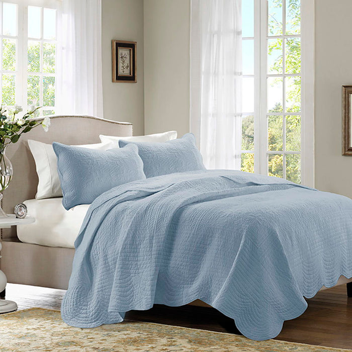 Tuscany - 3 Piece King Reversible Scalloped Edge Quilt Set - Blue - Simple Home Plus