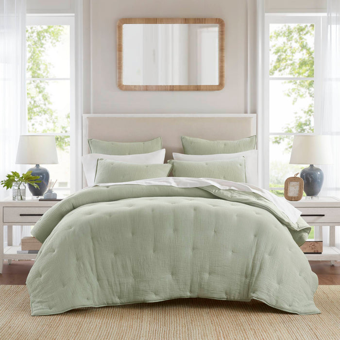 Breeze - Full/Queen Cotton Gauze Embroidered Quilt Set - Sage - Simple Home Plus
