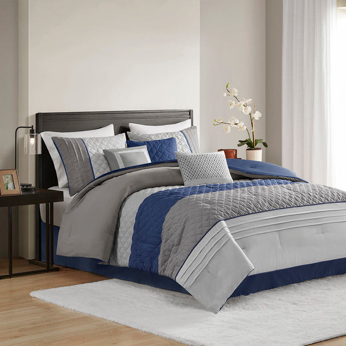 Jenson - 7 Piece King Color Block Stripe Comforter Set With Throw Pillows - Blue - Simple Home Plus