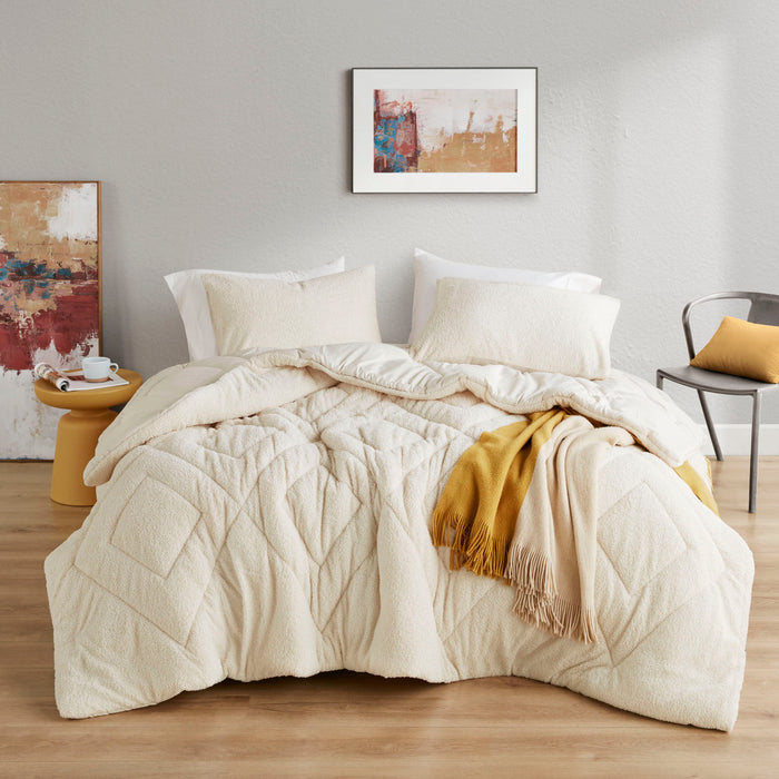 Kyla - Twin/Twin Long Double Diamond Quilted Teddy Comforter Set - Ivory - Simple Home Plus