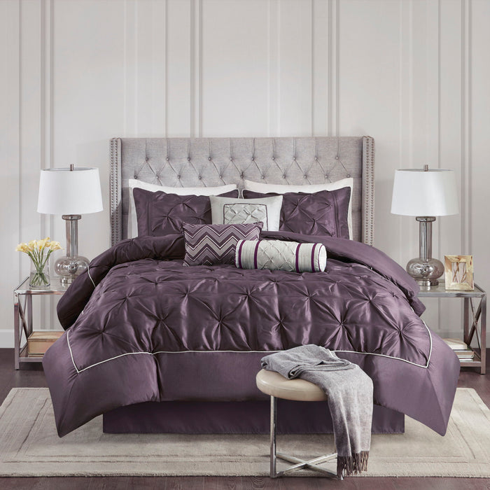Laurel - Pieced Pleated 7 Piece Tufted Comforter Set - Plum - Simple Home Plus