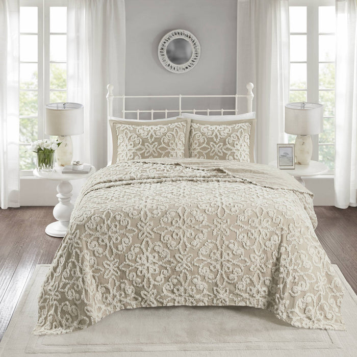 Sabrina - King 3 Piece Tufted Bedspread Set - Taupe - Simple Home Plus