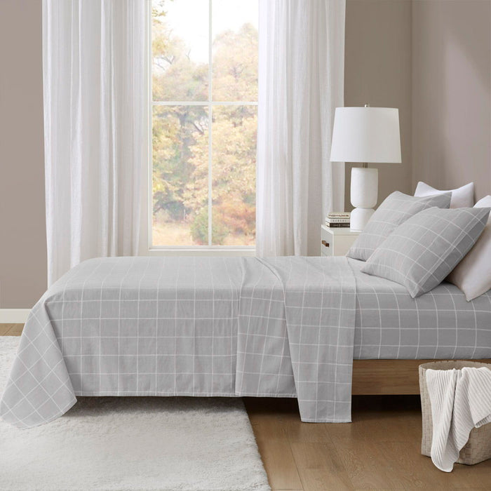 Oversized Cotton Flannel - 4 Piece Queen Sheet Set - Gray Windowpane - Simple Home Plus