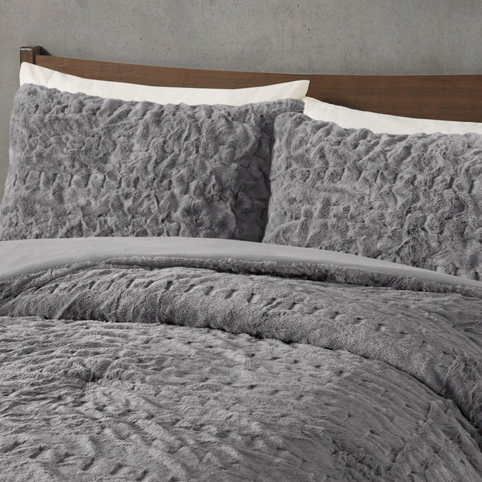 Blair - Ruched Fur Down Alternative King Comforter Set - Gray - Simple Home Plus