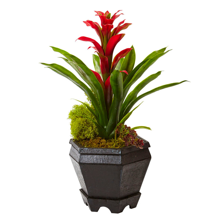 16.5" Bromeliad in Black Hexagon Planter-Red