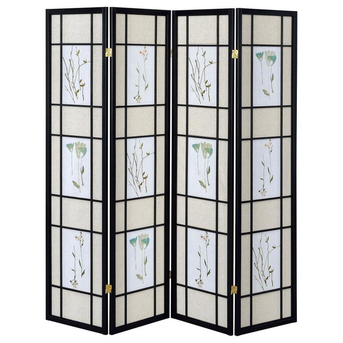 Catabella - 4-Panel Room Divider Folding Shoji Screen Floral - Black - Simple Home Plus