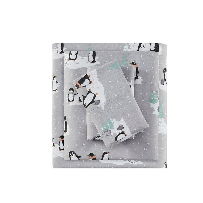 Cozy Flannel - Twin Printed Sheet Set - Gray Penguins