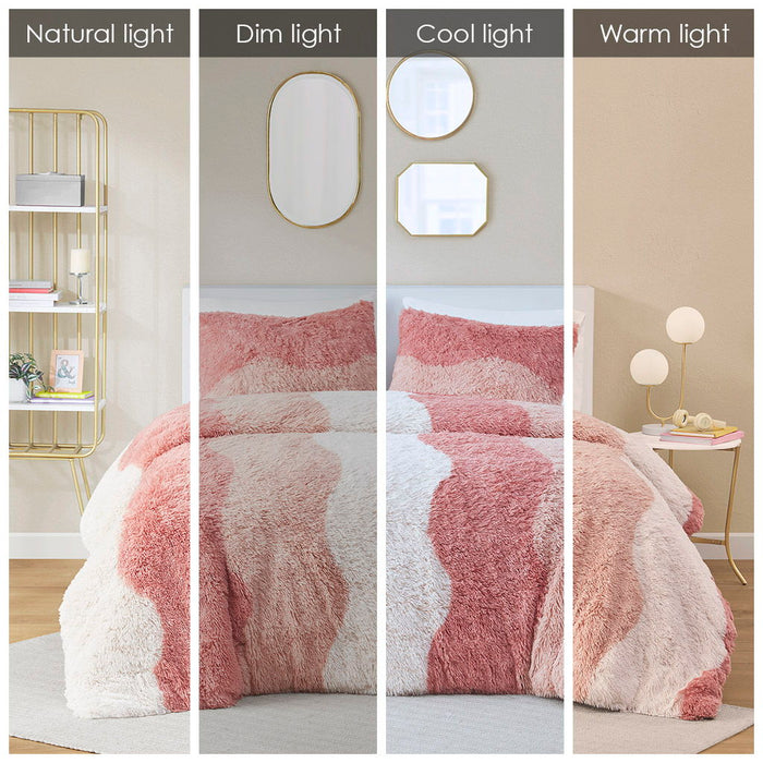 Cassie - Ombre Shaggy Faux Fur Queen Duvet Cover Set - Blush Multi - Simple Home Plus