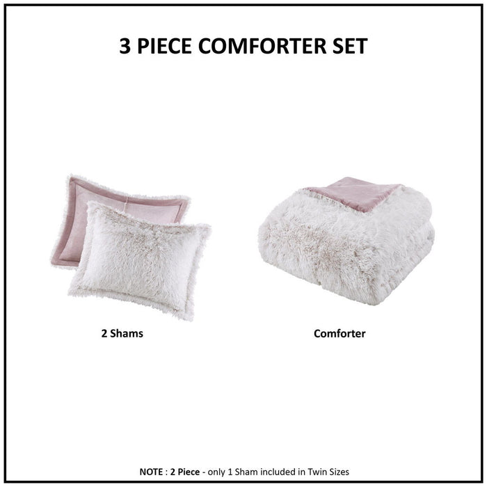 Malea - 3 Piece King/California King Shaggy Comforter Mini Set - Pink/White - Simple Home Plus
