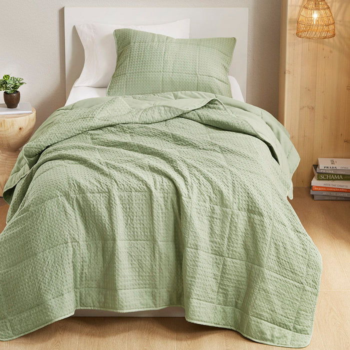 Mina - King/California King Waffle Weave Textured Quilt Set - Green - Simple Home Plus