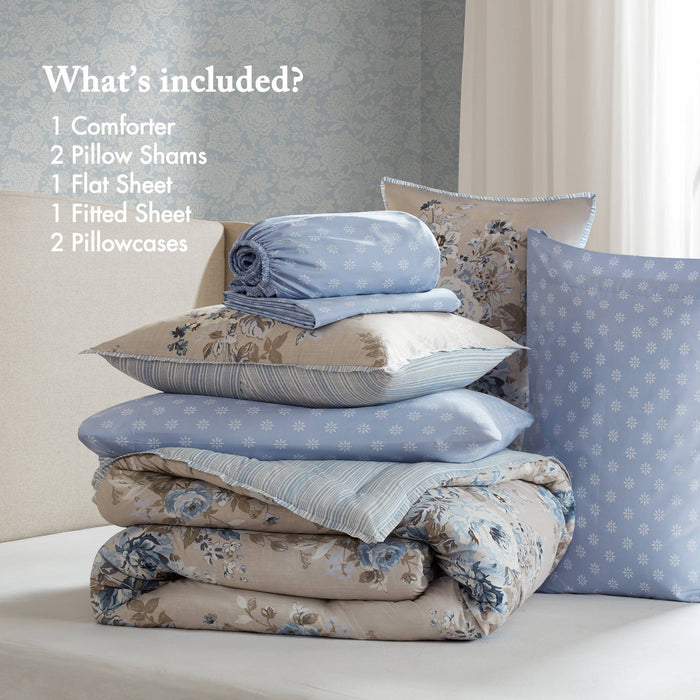 Heather - Full 7 Piece Vintage-Inspired Floral Print - Beige / Blue - Simple Home Plus