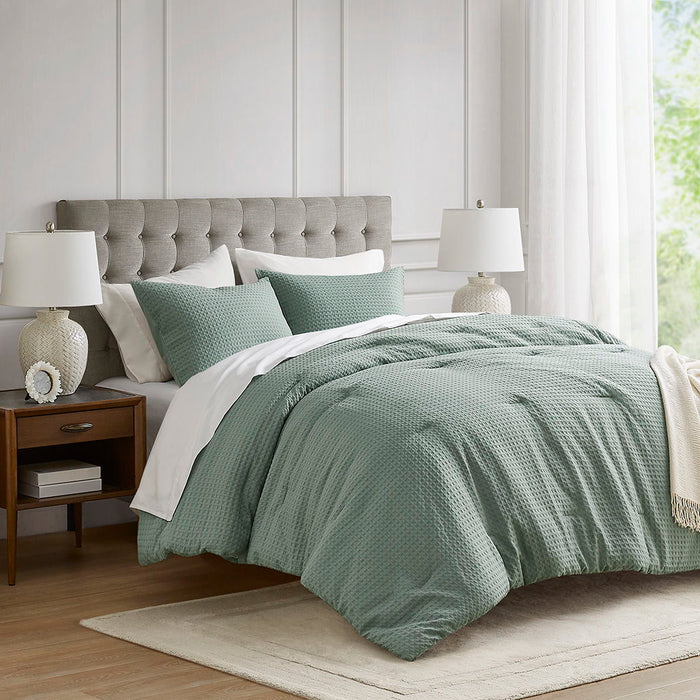 Mina - Twin/Twin Long Waffle Weave Textured Comforter Set - Sage Green - Simple Home Plus