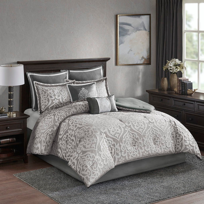 Odette - King 8 Piece Comforter Set - Silver - Simple Home Plus