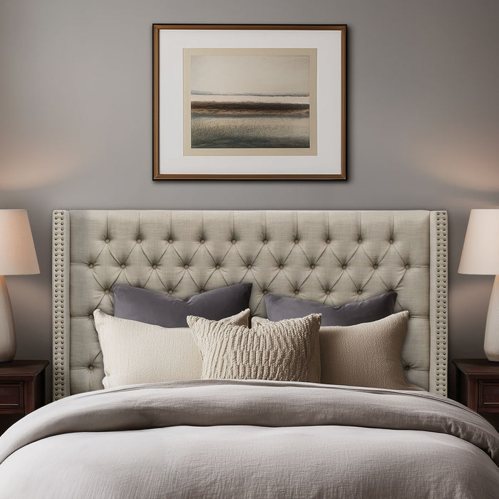 Amelia - Upholstered Wingback Headboard With Button Tufting & Nailhead Trim Woven - Beige - Simple Home Plus
