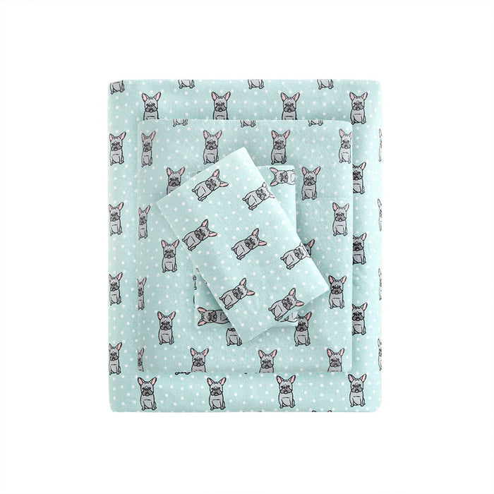 Cozy Flannel - Queen 100% Printed Sheet Set - Aqua French Bulldog