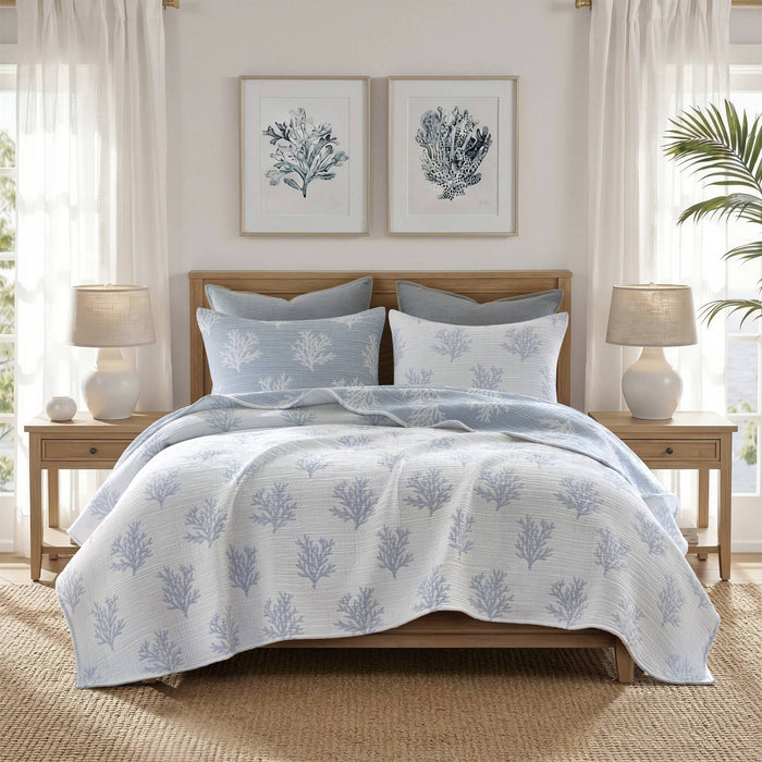 Mia Coral - 3 Piece King/California King Quilt Mini Set - Blue / Gray