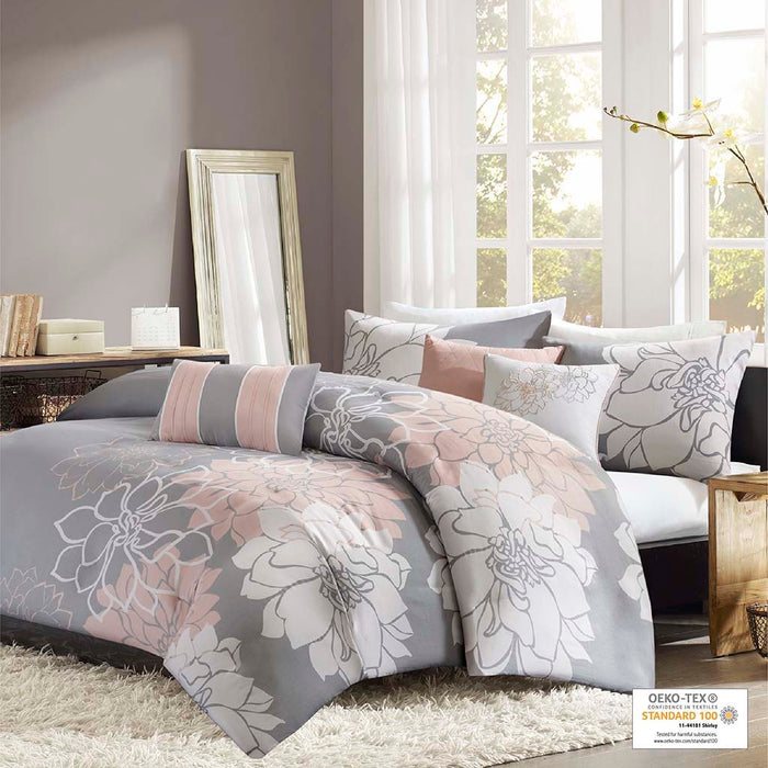 Lola - King 6 Piece Printed Duvet Cover Set - Gray / Blush - Simple Home Plus