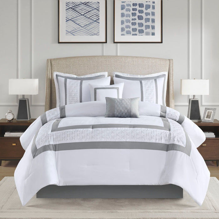 Powell - King Embroidered Comforter (Set of 8) - White - Simple Home Plus