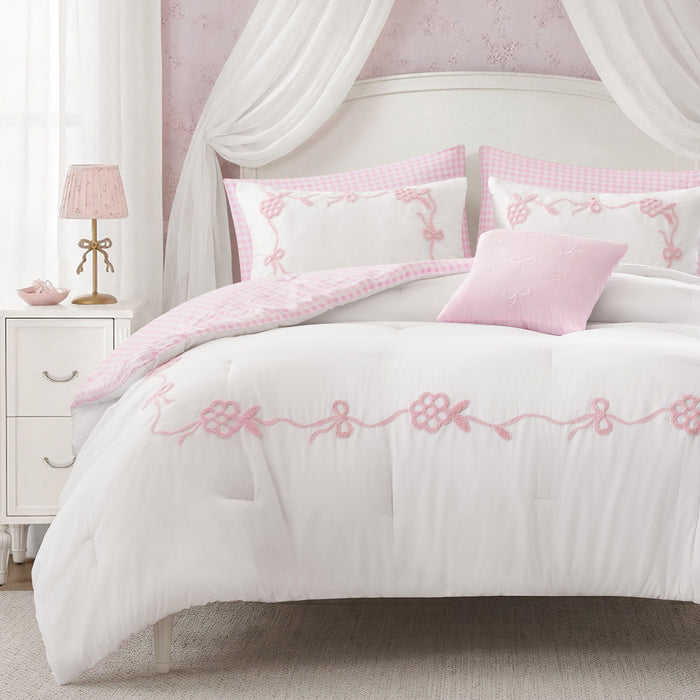 Tiffany - 6 Piece Full Comforter Set - Pink / White