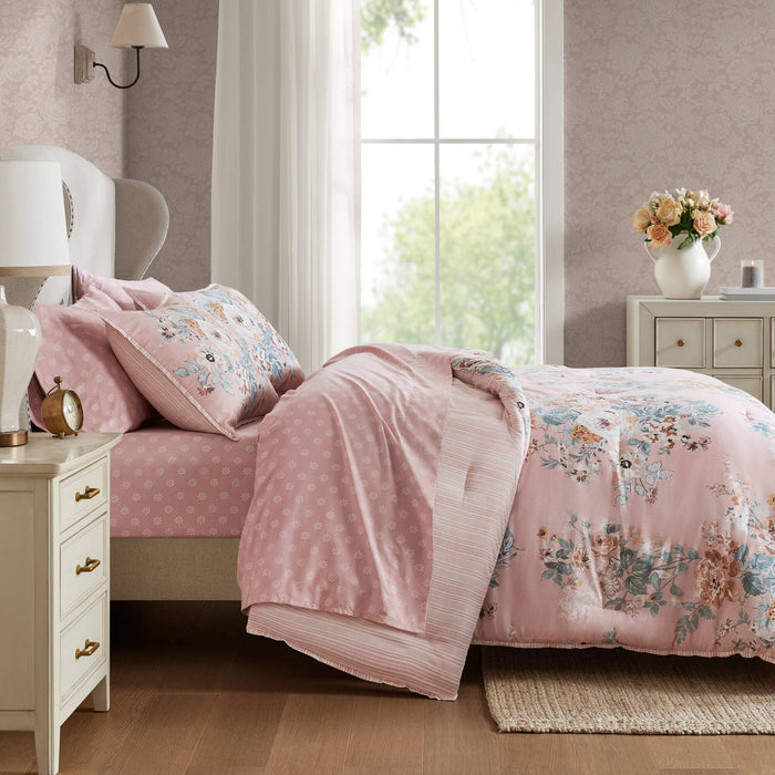Heather - California King 7 Piece Vintage-Inspired Floral Print - Pink - Simple Home Plus