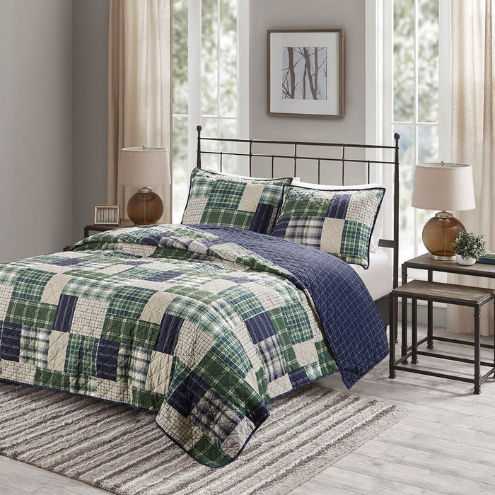 Timber - 3 Piece Reversible Printed Coverlet Set - Green / Navy - Simple Home Plus