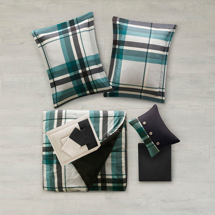 Robbie - 9 Piece Queen Plaid Comforter Set With Bed Sheets - Teal / Black - Simple Home Plus