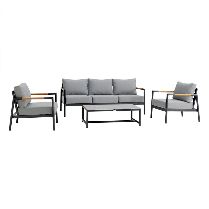 Crown - 4 Piece Black Aluminum And Teak Outdoor Seating Set With Dark Gray Cushions - Simple Home Plus
