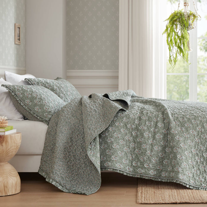 Linwood - Queen 3 Piece Ruffle Printed Quilt Set - Sage Green - Simple Home Plus